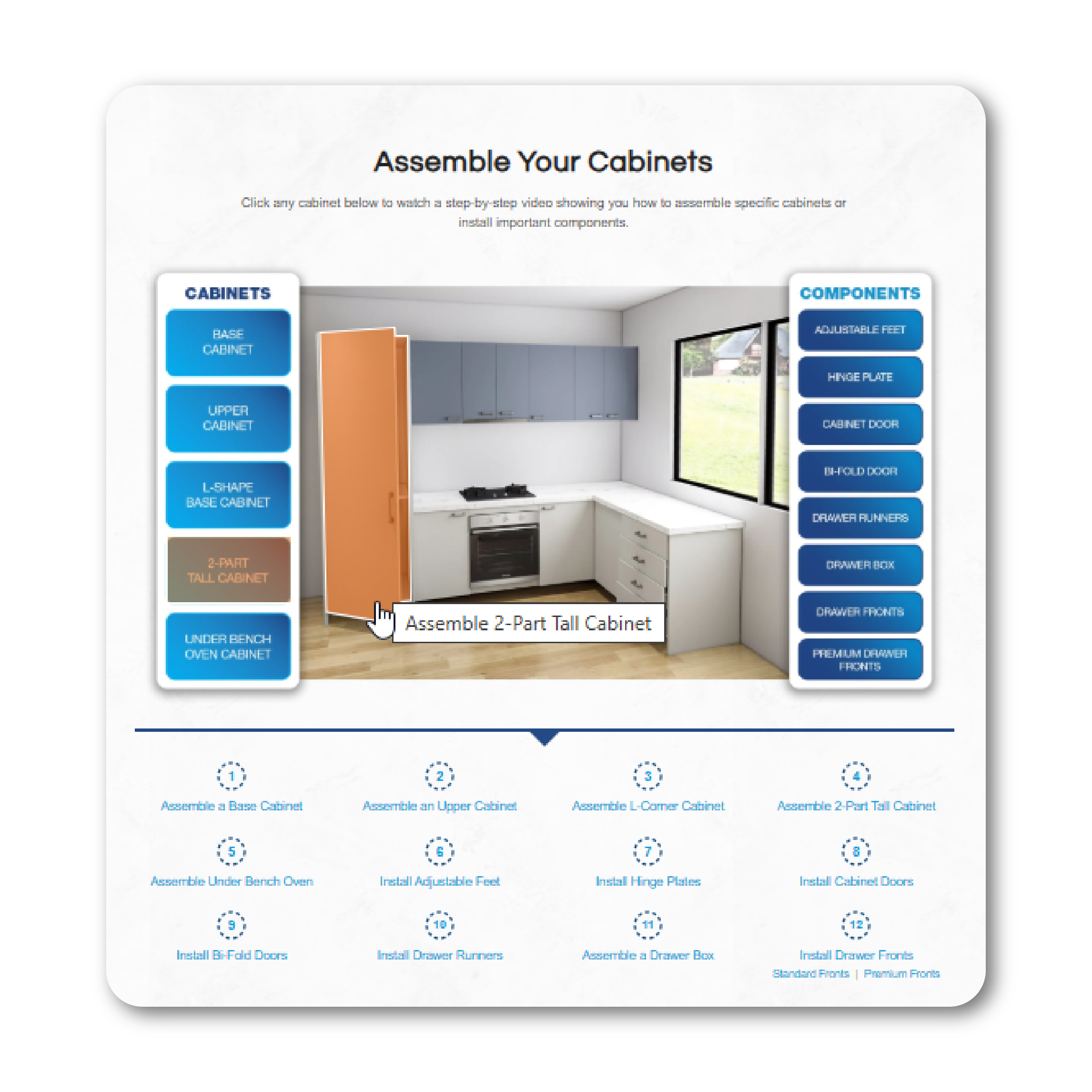 Interactive cabinet‑assembly tutorial showing a kitchen scene; cursor selecting 'Assemble 2‑Part Tall Cabinet'